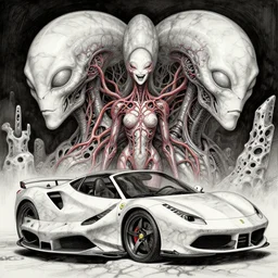 naraka buddhist demon korean female, happy female alien, ferrari car, tubular creature, blood vessels, no face, dystopian surrealism, alex ries zdzisław beksinski, giger, symmetrical long head, smooth marble surfaces, smooth marble surfaces, detailed ink illustration, detailed ink illustration, raiden metal gear, cinematic smooth stone, deep aesthetic, concept art, intricate