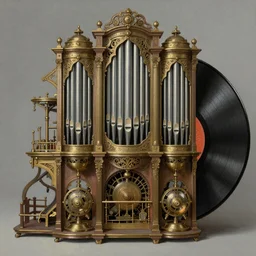 steampunk pipe organ lp album art, intricate detail, mechanical, baroque oil painting by alan lee and jim burns