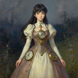 scifi pricess of the highlands, wearing a lovely dress with clockwork - like details. this oil painting by the award - winning mangaka has an interesting color scheme and impeccable lighting.