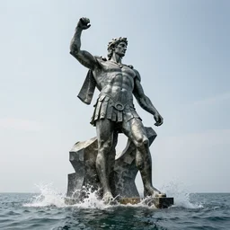 a giant abstract sculpture of a legendary greek warrior god on the water, in the style of thomas schutte, award winning, cinematic, hyper - realistic, very detailed, realistic water splashes, ray tracing, 8 k resolution, long - shot, sharp focus, low angle, 8 5 mm photograph, wide lens