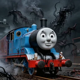 thomas the tank engine in style of zdzisław beksinski, extremely dramatic lighting, 8 k, tendrils, black, darkness, black slime tendrils, infected, rust, body horror, thomas the train, thomas the tank engine face, horror,