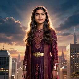 Malala Yousafzai grows to an enormous size and towers over a city, film still from 'Ant-Man and the Wasp'