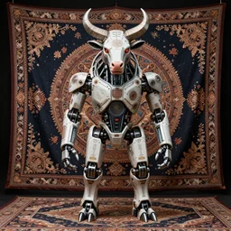 a centered uncut fullbody frontview portrait of a robotic minotaur headed biomechanical creature by clogtwo and subjekt zero feat paul lewin and ø - cult. intricate detailed sharp clean textured very ornated. indian style tapestry design. hd. 4 k. lowbrow color palette