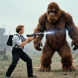 Peter Venkman shooting his proton pack at a bigfoot, film still, 35mm, detailed, 4k