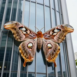 7 0's photo of a colossal atlas moth on the side of a skyscraper, wings spread