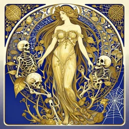 an insanely detailed cell shaded vector art of a tall woman and the death, intricate detailed leaves, spiderweb, mycelia, by ruan jia, fantasy, hyper detailed, concept art, gold and ultramarine harmony palette, by greg rutkowski, by alphonse mucha