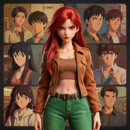 portrait of an attractive tomboy woman with long crimson red hair and red eyes wearing a brown open jacket and green jeans with a stern look, album art, boards of canada, retro, by ross draws, by tomine, by satoshi kon, by rolf armstrong, by peter andrew jones, beksinski, 3 d model, anime