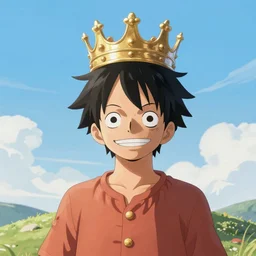 Luffy from One Piece wearing a crown on top of a hill, Luffy wearing an oversized cloak in the wind, sun behind, cinematic scene at evening