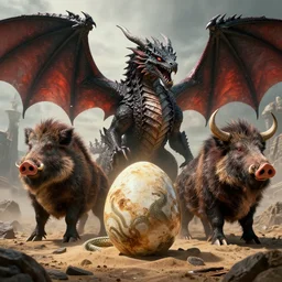 by beatriz bradaschii and danny ingrassia, visually stunning, cinematic, ultra realistic, hyper realism, 1 2 k, epic, octane render, unreal engine, vfx, maya, ebon dragonsmith : book wyrm, serpent egg : sandhoof waterbreakerer, stonetusk boar : sudden genesis, wolfrider : dampen magic