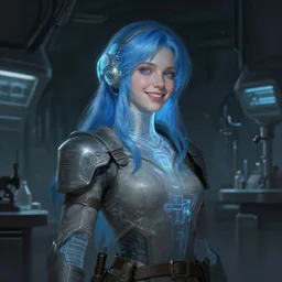 in the style of grand makhno, sci fantasy : : airbrushed digital painting : : pale hologram smiling science girl blue hair : : dark futuristic lab background interior