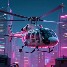 cyperpunk helicopter, neon buildings in the background