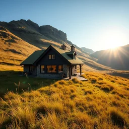 wide angle photograph of cozy upscale hygge scottish countryside house in rolling mountain idyllic sunny grass