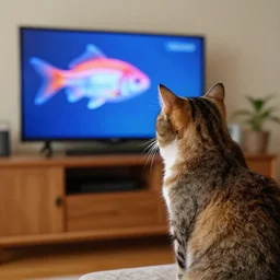 a cat watching a digital fish on tv, photograph