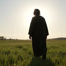 old prophet wandering about a meadow. silhouetted. harsh sunlight. radiant glow. backlighting. iso 1 5 0