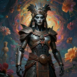 portrait of a single gothic mute hybrid cyborg warrior mayan warrior, cybor clothes shaping the universe, freedom fighter, eerie, cinematic, epic, 8 k, ultra realistic, rendered by awesomeness. a psychedelic apocalypse, illustration by albrecht durer, concept art in style of carne griffiths artwork by xsullo, background of beautiful floweres floatingby elson, peter kemp, peter
