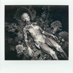 an 1 9 1 0 polaroid photography of a very sad and detailed rotten woman corpse with fractal coral reefs and ornate growing all around, muscles, veins, arteries, anatomical, eye, ears, full body, intricate, surreal, ray caesar, john constable, guy denning, dan hillier, black and white