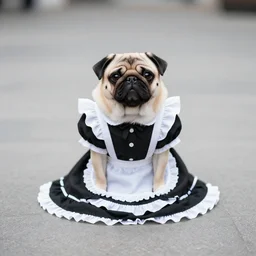cosplay photo of a cute pug wearing a traditional black french maid dress, canon eos r 3, f / 1. 4, iso 2 0 0, 1 / 1 6 0 s, 8 k, raw, unedited, symmetrical balance, wide angle