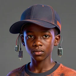 portrait of a nigerian boy wearing a baseball cap with wires and computer chips dangling from inside, character concept art, art style by james jean, volumetric light, ray tracing, digital illustration, colourful, sharp, intricate detail, behance, artstation, pinterest,