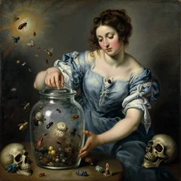 a painting of pandora opening her jar, releasing insects and critters that impersonate sickness and death, personification of misery in the style of realism and artemisia gentileschi and egon schiele