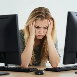 girl with long blonde hair sitting at a computer, anxious, self sabotage