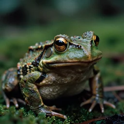 macro medium shot, rugged frog barbarian in deep forest, kodachrome film still