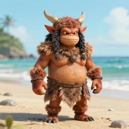 Kobold wearing caveman clothes at a beach
