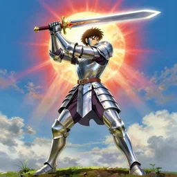 a ultra detail picture portrait of A giant warrior in shimmering armor wielding a legendary sword, the sun at their back, strides forward with sword held high. They are the embodiment of courage and strength, and they are ready to fight for what is right. vivid tones, wide angle, by miyazaki, nausicaa ghibli, 8k, photorealistic,