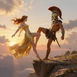 an spartan man kicking an spartan woman off a cliff, sunset, sunny, cloudy, digital painting, artstation, concept art, soft light, hdri, smooth, sharp focus, illustration, fantasy, intricate, elegant, highly detailed, D&D, matte painting, in the style of Greg Rutkowski and Alphonse Mucha and artemisia, 8k,