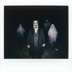 trail _ camera _ photo _ of _ a _ breaton monks looking like rasputin with some ghost and spirits _ realistic _ spooky _ grimdark _ night _ black _ and _ white, polaroid