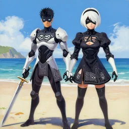 greg manchess portrait painting of 2 b nier automata as tracer from overwatch on the beach holding a sword, organic painting, sunny day, matte painting, bold shapes, hard edges, street art, trending on artstation, by huang guangjian and gil elvgren and sachin teng