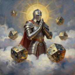 holy dice in the clouds, fantasy armor praying to the dice, oil painting