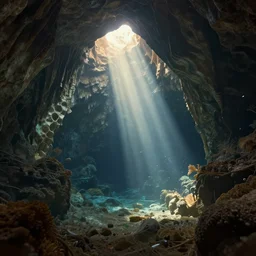 underwater caverns, crepuscular rays, digital art, trending on artstation, unreal engine, 4k