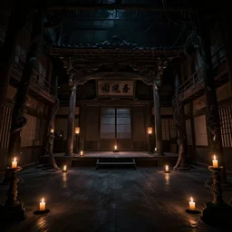 photograph of a haunted noh theater, creepy, dark, foreboding, candlelight