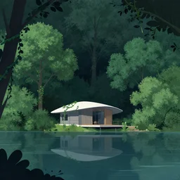 ( ( dither ) ), editorial illustration angled view, lakeside cabin illustated by zaha hadid, lush forest, night, foliage, vines, flowers fog, colorful modern, mads berg, karolis straututniekas. ( ( christopher balskas ) ), lomography, dramatic lighting,, wood block print