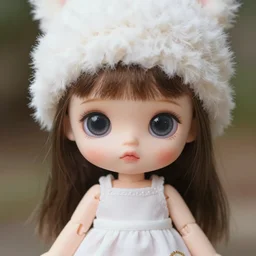cute doll girl big eyed with white dress and fuzzy hat by greg rutkowski and artgerm
