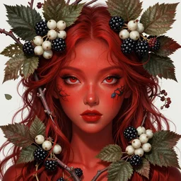 a wonderful crimson goddess with wonderful eyes, lots of branches, leaves and white berries of blackberries, wonderful eyes, symmetrical, fantasy, highly detailed, realistic, complex, fantasy, over - detailed, elegant, complex, dynamic lighting, hyperrealism, digital art, digital painting, artstation, wlop, clear focus, illustrations by filipe pagliuso and justin gerard