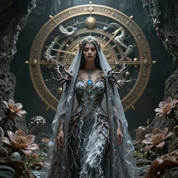 gorgeous woman, dressed in robes of veils and storms with intricate jewels and intricate branches with a biocomputer center, on an epic  oroboros, behind a large and detailed sculpted astrolabe, inside a cave with  biomechanical flowers, dramatic atmosphere, Diffused lighting, highly detailed digital art, trending on artstation, depth of field
