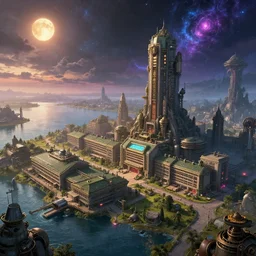 a beautiful very detailed highly detailed military hospital city by benedek vass, nature hyperrealism nightsky scumm bar lake morning sun cosmic steampunk anime universe fantasy san andreas neon noir bladerunner 2 0 4 9 tundra cgsociety at dusk matte painting atlantis, archdaily, wallpaper, highly detailed, trending on artstation.