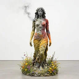 vivid sculpture of a beautiful woman made of smoldering smoking sage in a field of wildflowers, intricate. gradient colors. empty white space exposition. by ueda akishi, beth cavener, ellen jewett, rogers, giger