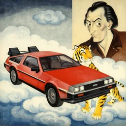 a red delorean and a yellow tiger, painting by hsiao - ron cheng, utagawa kunisada & salvador dali, magazine collage style, clouds