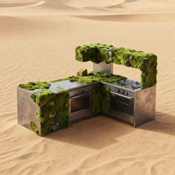 a island kitchen furniture made of rectangle tetris, made of steel and moss, octane render, trending on artstation, on hard desert sand floor