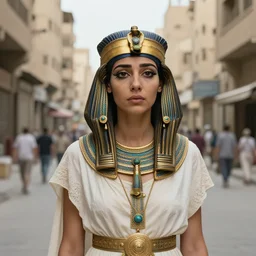 High quality photo of Queen Cleopatra, lost and confused in the streets of modern-day Cairo