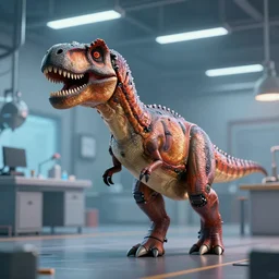 a !robot! controlling a t-rex, the t-rex walks peacefully in a lab, octane render, 3D, award-winning, as coherent as Dall-E 2