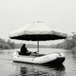river raft with bomber shade Kilian Eng, minimalist, detailed