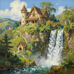 beautiful painting of rivendell by maxfield parrish, stunning, very detailed, waterfalls, elven architecture, 4 k, high quality