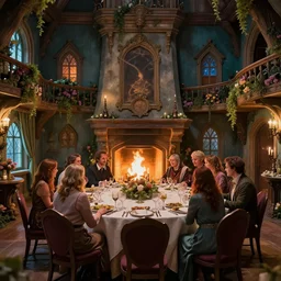 the inside of an enchanted feywild mansion, with several people sitting around a long dinner table, in front of a fireplace, dungeons and dragons, 4 k, highly detailed, vibrant colors, trending on cgsociety