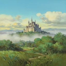 gouache matte painting!!! landscape with castle in far distance, mist, daytime, cinematic angle, studio ghibli, makoto shinkai, pixar painting, cinematic lighting, detailed oil painting, hyperrealistic, 8 k