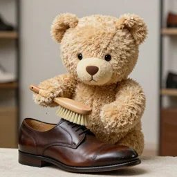 Teddybear is standing with brush in his hand, sweating a lot while polishing shoes