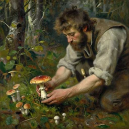 detailed impressionist painting of ancient man first discovering mushrooms