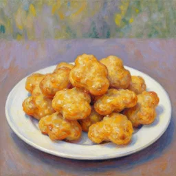 a beautiful painting of a plate full of chicken nuggets. Painted by Monet, Rembrandt, Pablo Picasso